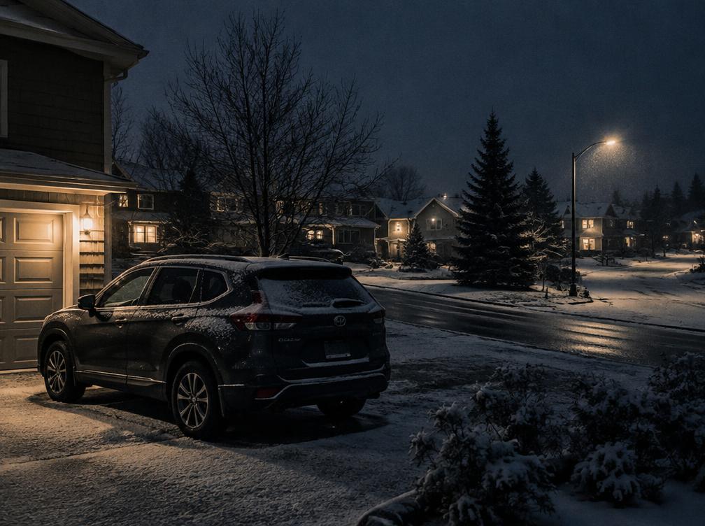 Family SUV parked in a snow-dusted suburban driveway at night